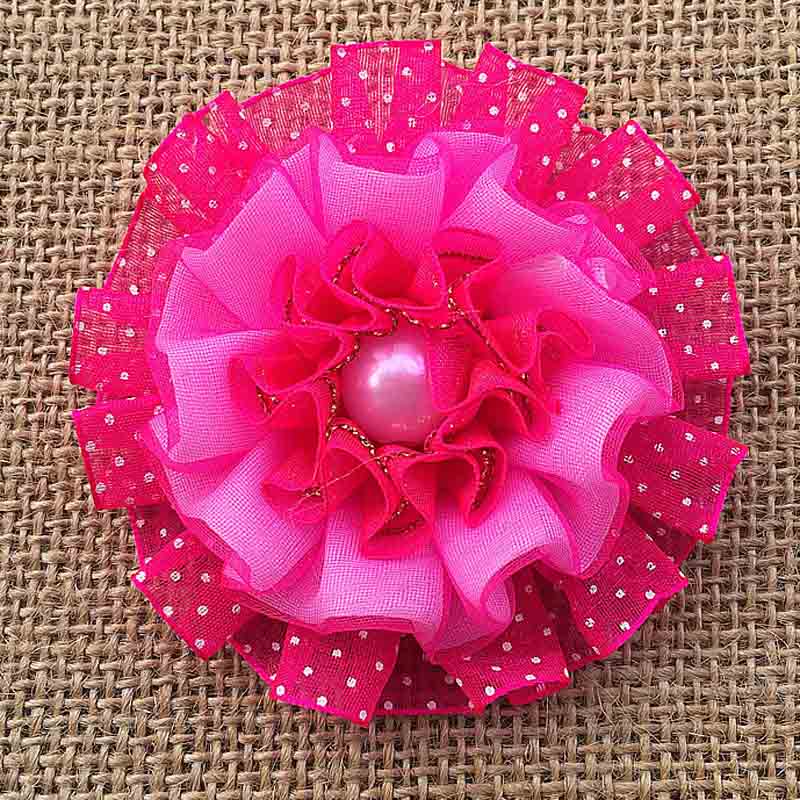 2pcs Cute Yarn ruffle Ellegant Ribbon Flowers rosettes Scrunchy gum for Elastic Hair Band Girls Headwear rubber bands: deep pink