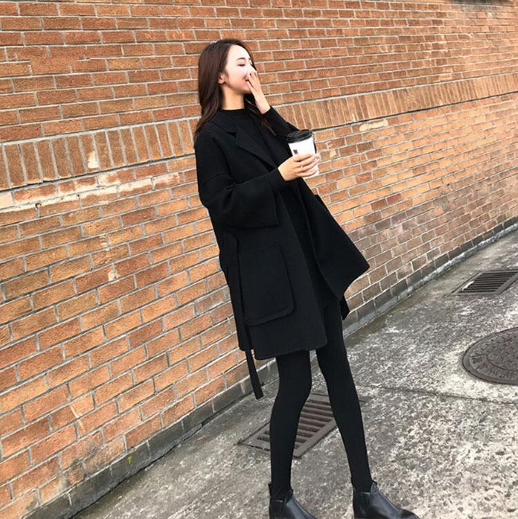 Efterår sort d-side cashmere frakke kvinder kort uldfrakke vinter dame outwear afslappet uldfrakke