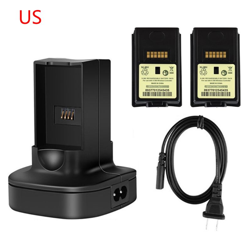 Dual Charger Charging Dock Station with Rechargeable Battery for X-box 360 Game Controller US/EU Plug Power Cord: BK-US