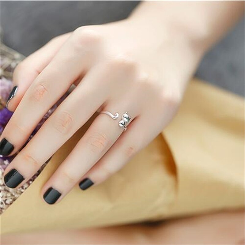 925 Sterling Silver Jewelry Popular Korean Small Fresh Cute Cat Opening Simple Rings SR4