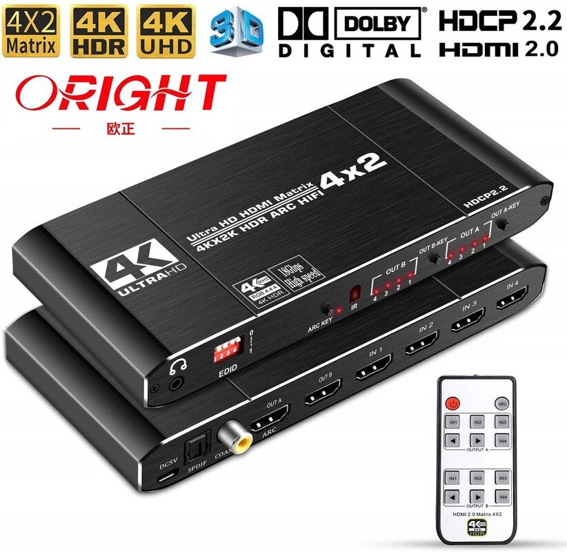HDMI2.0 Matrix 4 In 2 Out Matrix 4X2 4K60hz Audio Separation + ARC HDCP2.2 EDID Audio Extraction and Settable EDID