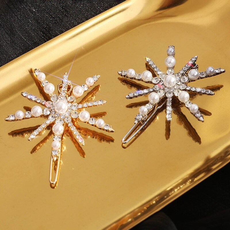 Luxury Shiny Rhinestone Snowflake Hairpin Temperament Pearl Bangs Hair Clip Women Girl Hair Clip Headwear Accessories