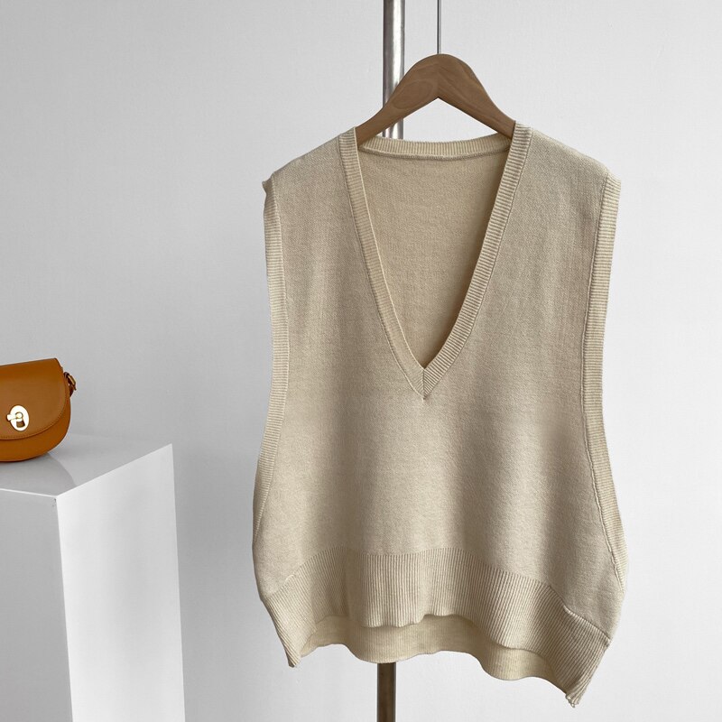 Goplus kvinde trøjer ærmeløs løs vest v-hals trøje vinter kvinder strik sorte trøjer pull femme dames trui  c10671: Beige