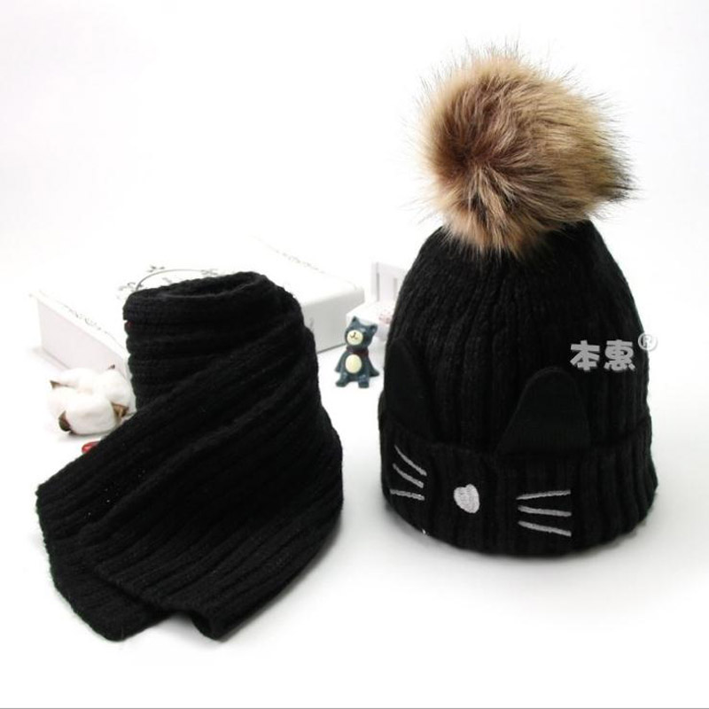 Karikatur katze hairball mützen setzt samt wolle freundlicher Art Gestrickte pelz hüte Winter pelz innen 2 stücke Baby mädchen schal Hütte einstellen