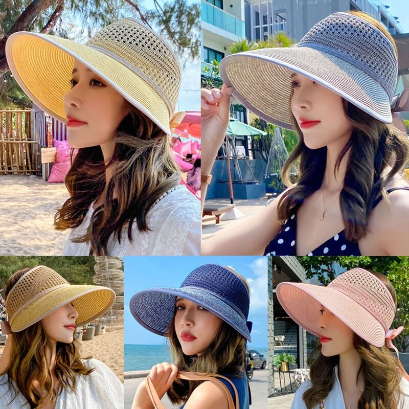 Foldable Summer Women's Sun Hat Bucket Cap Lace Bowknot Flowers Ribbon Flat Top Panama Soft Straw Hat Beach Caps
