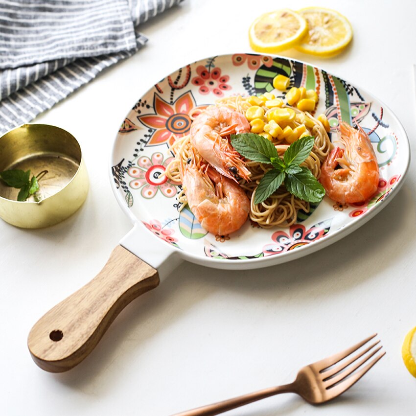 Platos de ensalada de cerámica con asa, platos de cena de porcelana, plato de servir de patrón Floral colorido para sándwiches de postres