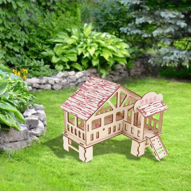 Hamster Hideout Wooden Hut Small Animals Double Layer Villa Rat Room House Cage Exercise Toy with Ladder Board