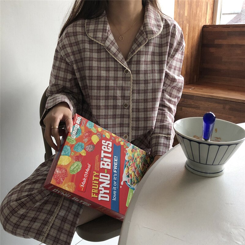 autumn winter vintage pajamas set women long sleeve sleepwear cotton home clothes plaid pants pyjamas lace up lapel collar Y078