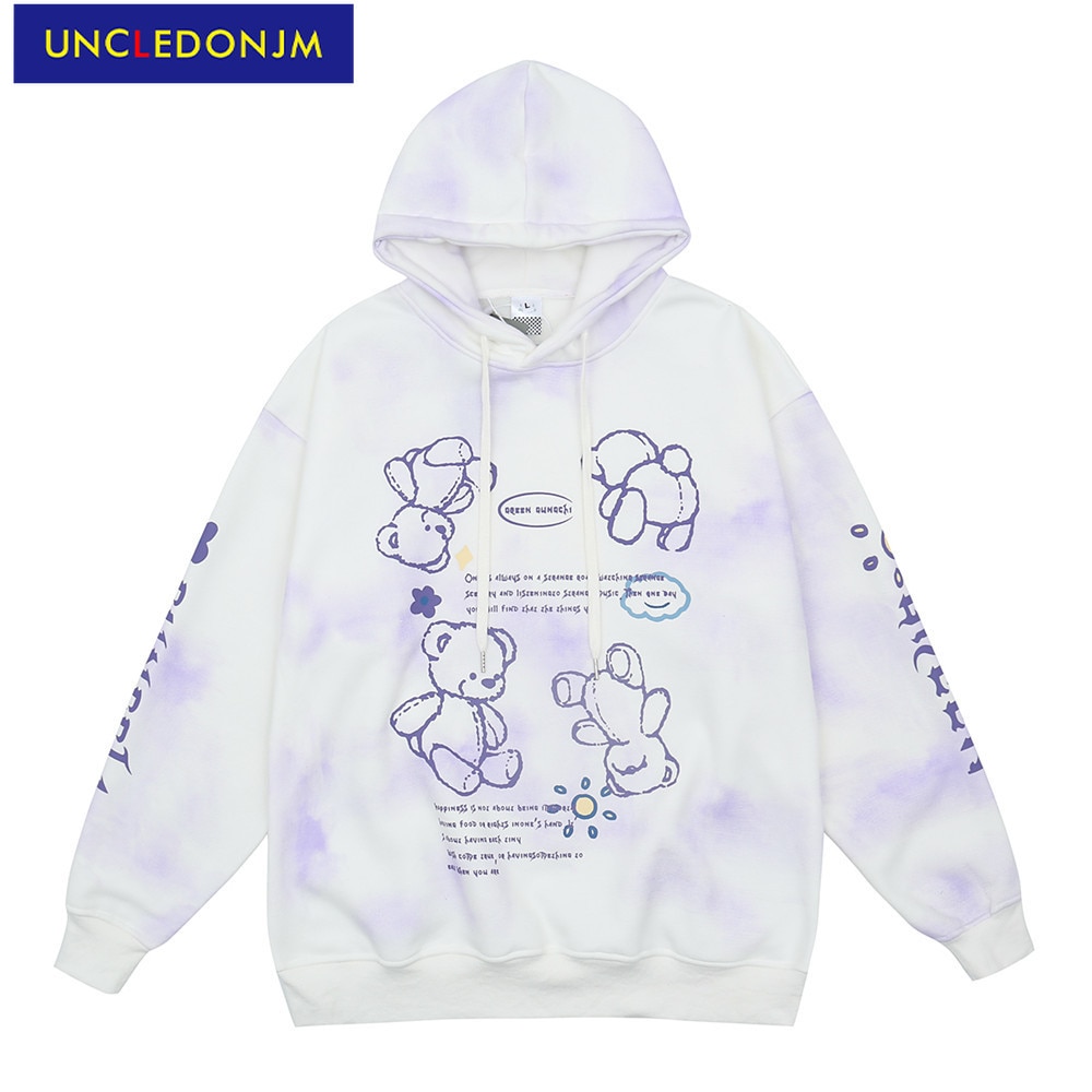 UNCLEDONJM Tie Dyed Bear Fleece Hoodie Sweatshirt Men Harajuku Streetwear Hooded Pullover Cotton Autumn Loose Hoodie GRE-HM1095