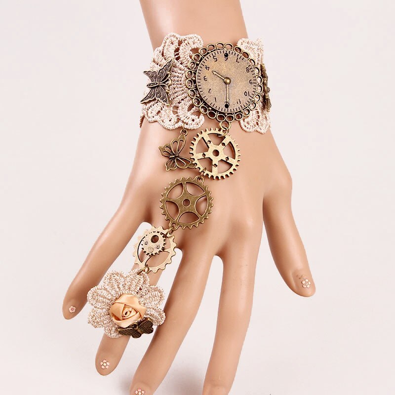 Zwarte kanten armband met ringen en kettingen | Castle Gothic