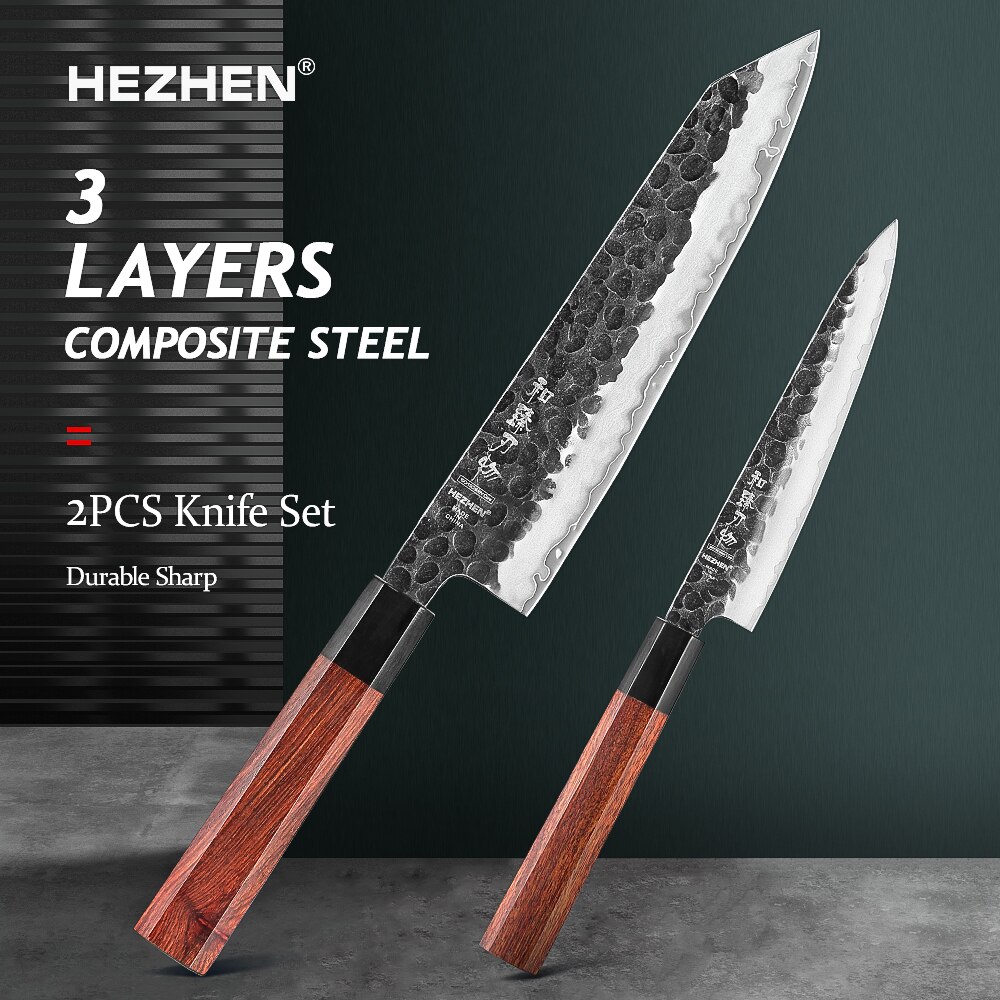 HEZHEN 2PC Kitchen Knife Set 3 Layers Composite Steel Beautiful Box Chef Utility Retro Series Stainless Steel