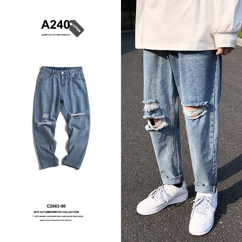 Jean déchiré hommes lavé couleur unie décontracté Jean droit pantalon hommes Streetwear sauvage lâche Hip Hop Denim pantalon hommes