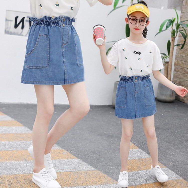 Kids Jean Skirts High Waist Girls Denim Skirt Casual School Uniform Mini Skirt Summer Children Clothing Baby Girl Skirt: 4T