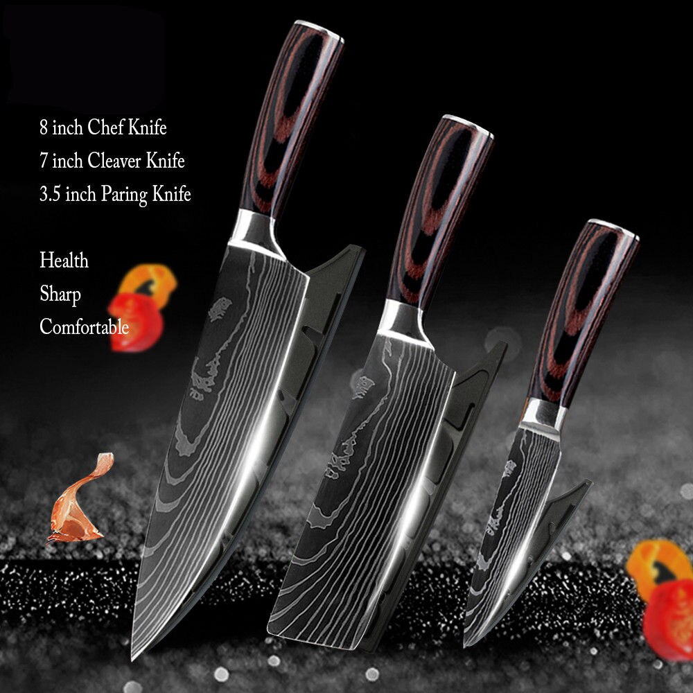 XYj Professionelle Küche Koch Messer Set Japanischen 7CR17 High Carbon Edelstahl Nachahmung Damaskus Muster Kochen Messer Set: 3 Pcs Value set 02