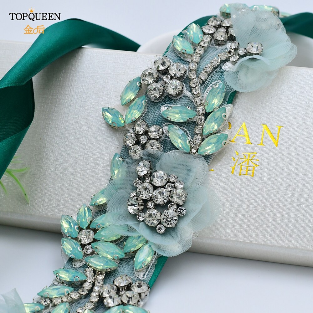 TOPQUEEN S419-G Jahrgang Blumen- Hochzeit Gürtel Smaragd Mutterschaft Schärpe Strass Blume Hüftgürtel Für Braut Kleid Kleid Applikationen