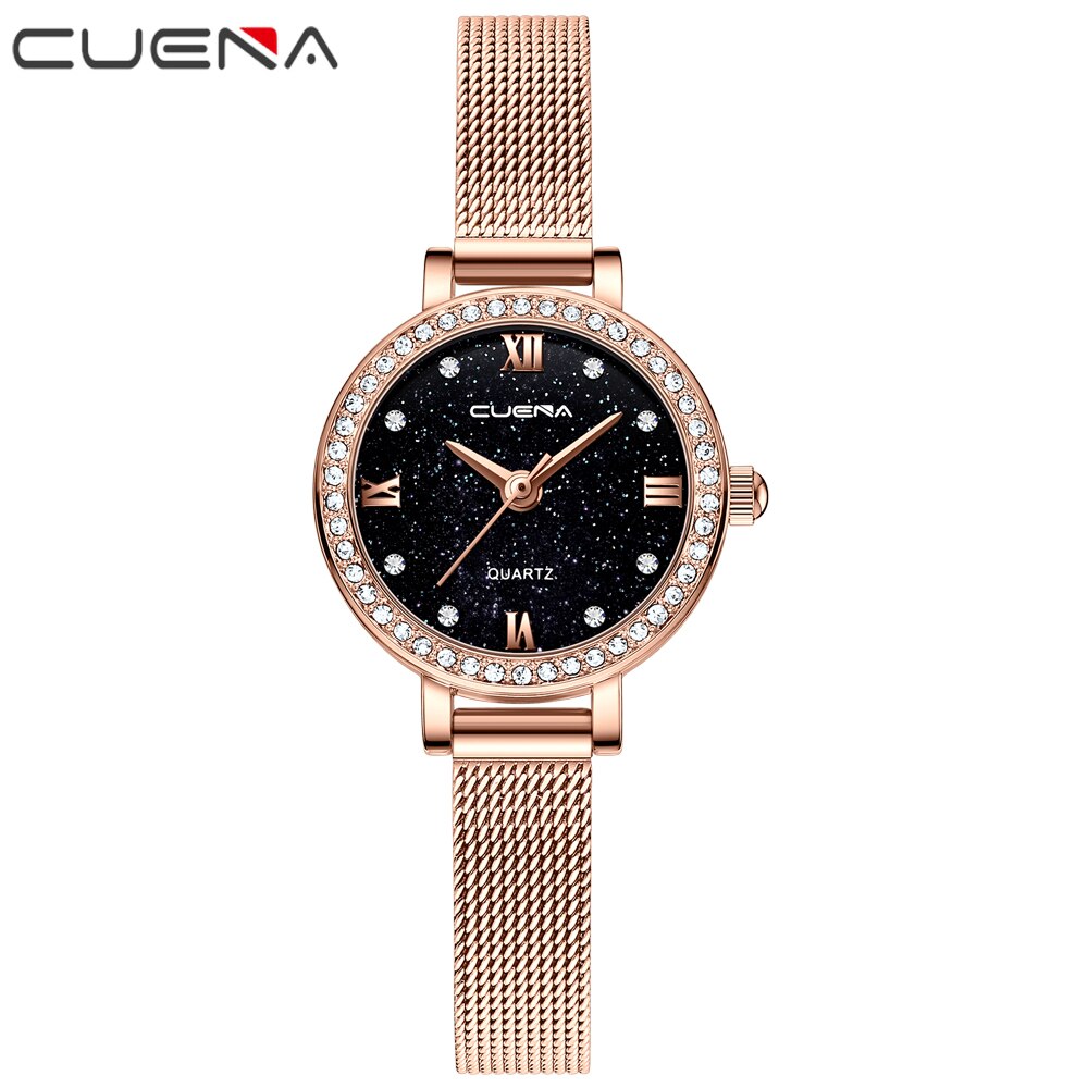 CUENA-Reloj de lujo con correa de malla para mujer, pulsera femenina, de superior: rose black