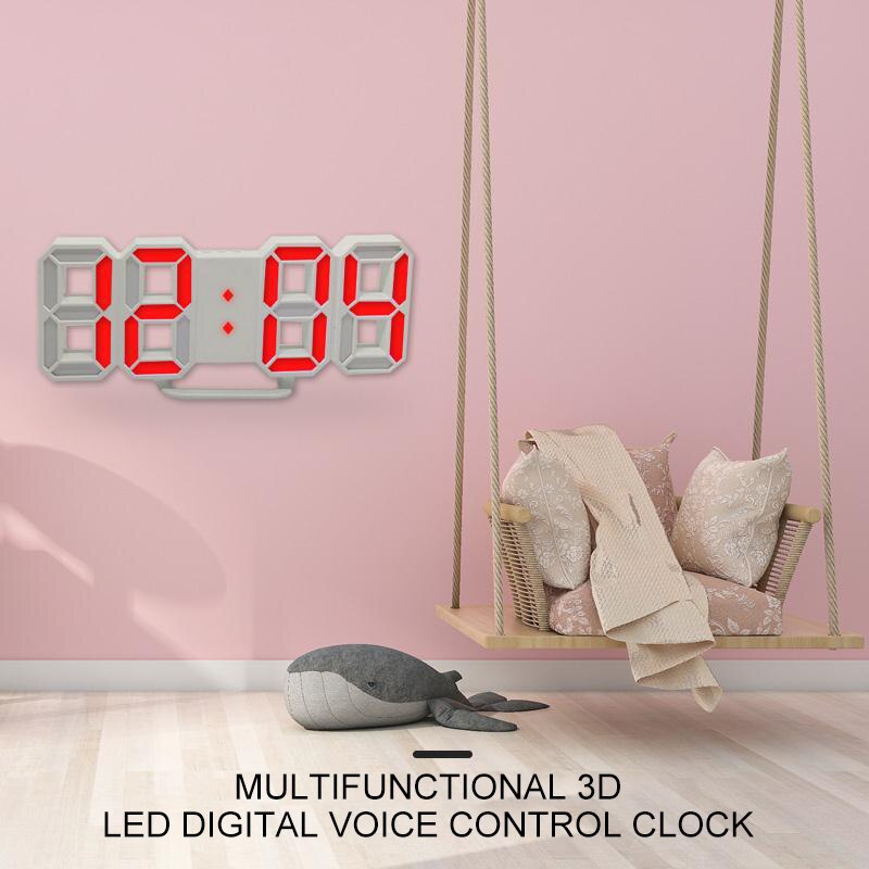 Moderne Digitale Voice Wekker 3D Wit LED Wandklok Wekker Snooze Opknoping Muur Wekkers Smart Elektronische Klok