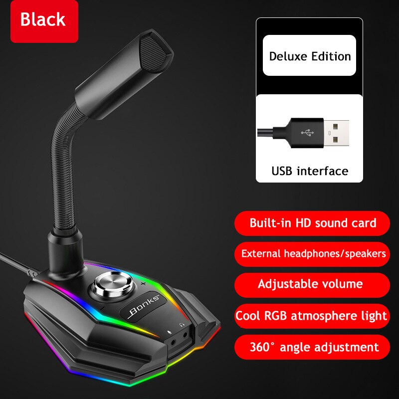 USB Microphone HD Sound Card With Speaker Headset Jack Free Drive Noise Reduction Rotate Receiver For Computer Mobile Phone: Black-USB-RGB-AUX