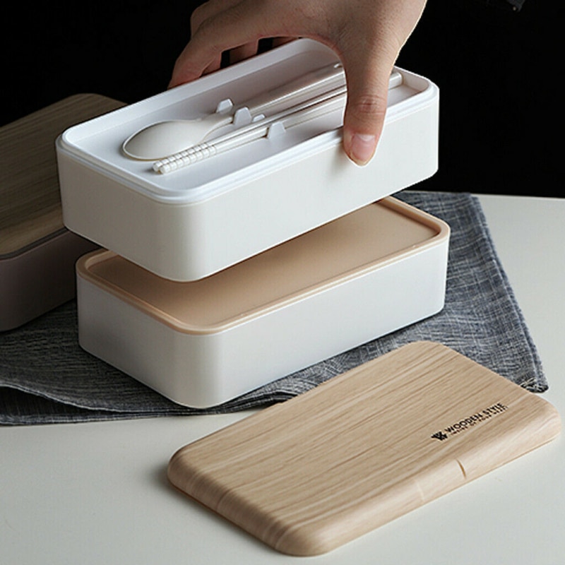Boîte à Lunch à micro-ondes Durable | Boîte à Bento en bois japonais créative multifonctionnelle conteneur à 2 couches stockage cuisine Portable