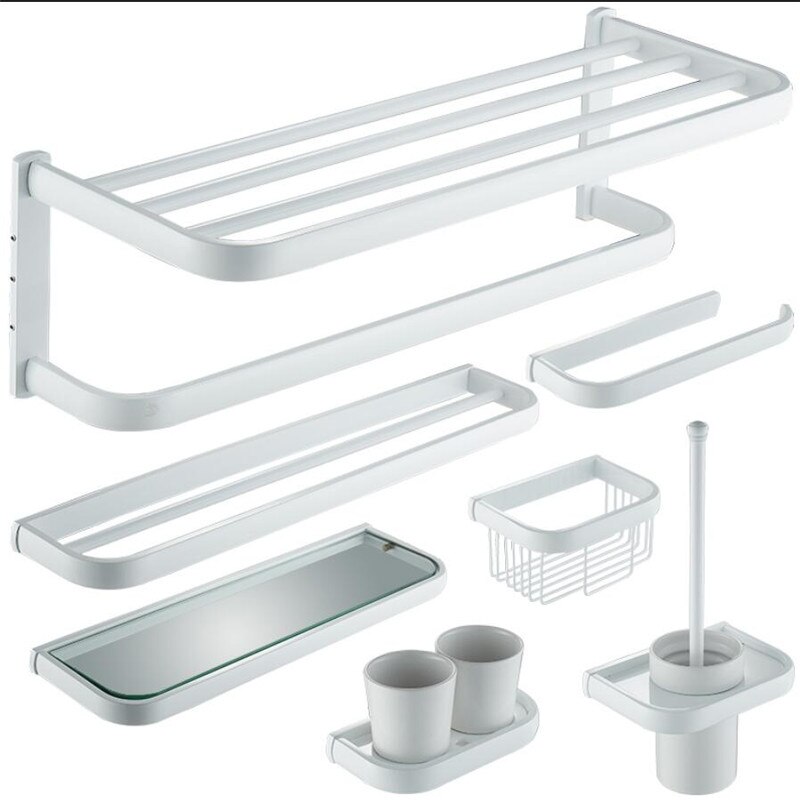 Badkamer Accessoires Set, Witte Vierkante Papier Houder, Handdoek Bar, Zeep Mand, Handdoekenrek, hoekplank, Haak, Badkamer Hardware Set