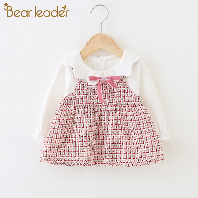 Bjørneleder babypige kostume piger efterår søde kjoler 6-24m børn plaid prinsessekjole med butterfly forårstøj