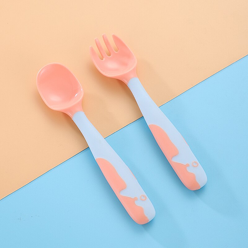 Baby Gadgets Tableware Set Children Utensil With Storage Box Toddler Dinnerware Cutlery Cartoon Infant Food Feeding Spoon Fork: Pink