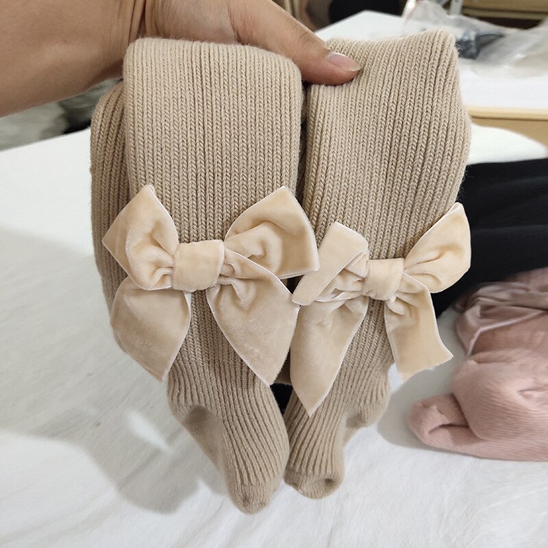 Große samt Band bowknot seite Baby mädchen strumpfhosen Weihnachten baumwolle Kleinkind Baby strumpfhosen für mädchen Gamaschen dicke socken: khaki / 18 zu 24m