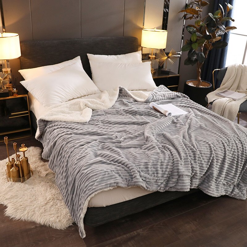 Gestreepte dubbelzijdige dikke deken winter super warme thuis slaapbank sprei luxe koraal fleece kasjmier lakenhoes: Model 2