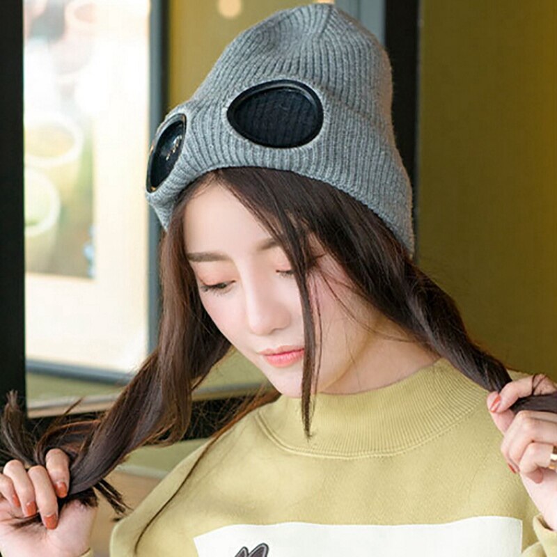 Glasses Hat Unisex Wool Knitted Goggles Beanie Thermal Fluffy Warm Cap Heat Keeper Ear Protector Men Women Hat Cap