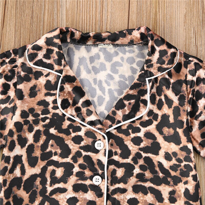 6m-6y små piger dreng kid 2 stk pyjamas sæt leopard kort/langærmet button-down krave skjorte top korte/lange bukser nattøj sæt