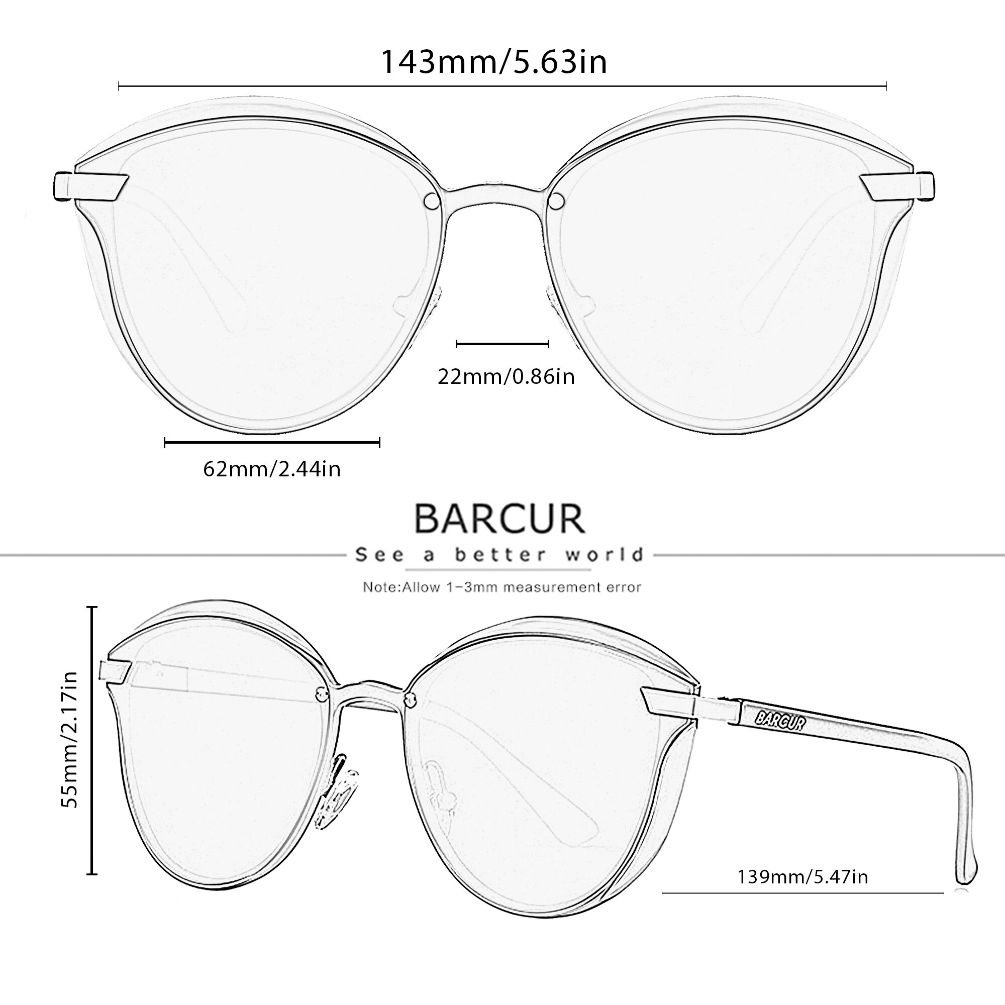 BARCUR Style lunettes de Soleil Polarisées Pour Femmes Catmore Rond Soleil Verre Dames Femme Lunettes Accessoire UVAB Protection