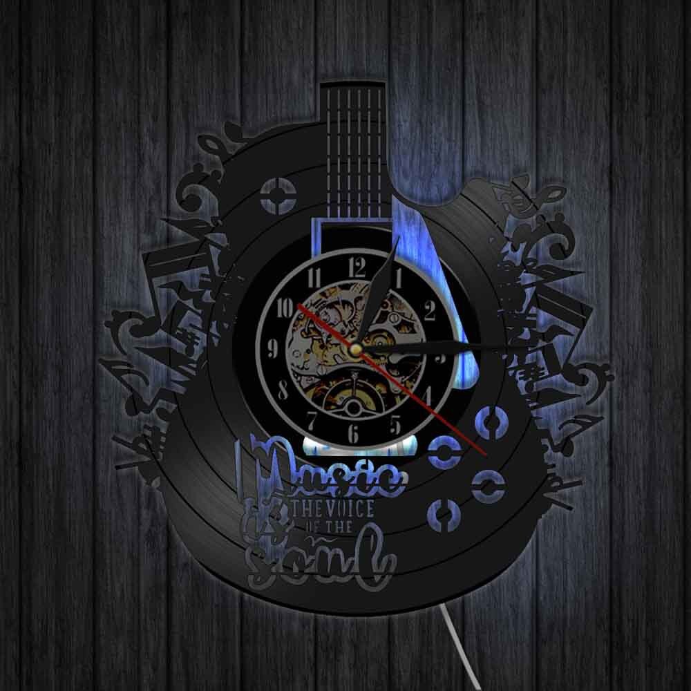 Gitar form klassisk vinyl plate vegg colock veggkunst med 7 farger led lys for hjemme stue bar kontor dekorasjon