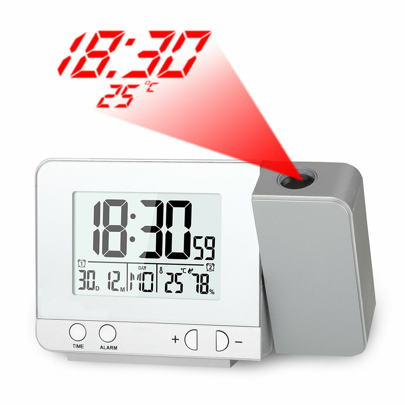 Réveil numérique LED avec projecteur, thermomètre de température, affichage de l'heure et de la Date, calendrier de Projection, chargeur USB, horloge de Table: Silver Upgrade