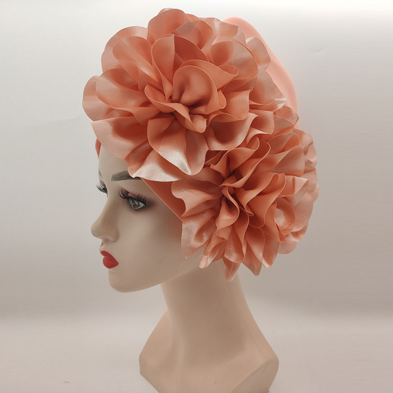 Women&#39;s Already Made Headties Damsak Aso Oke Auto Gele Turban African Hat with Flower Moslin Robe Hijab Cap Muslim Inner: Watermelon Red