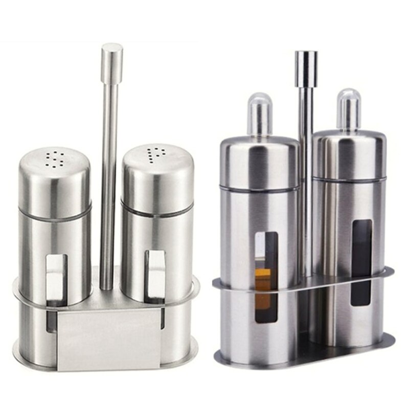 Rustfritt stål salt pepper shaker sett soyasaus eddik krydderflaske med stå krydderboks matlaging kjøkken krydderflaske