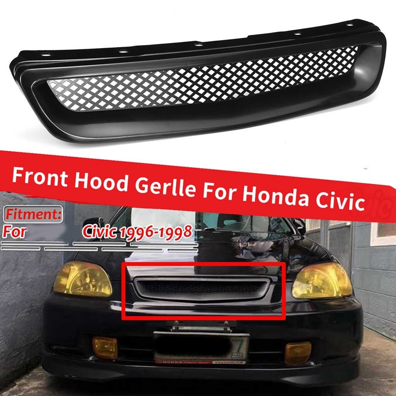Garniture noire de couverture de gril de capot de pare-chocs avant de voiture d'abs pour Honda Civic EK CX DX EX HX LX Type R 1996 1997 1998: Default Title