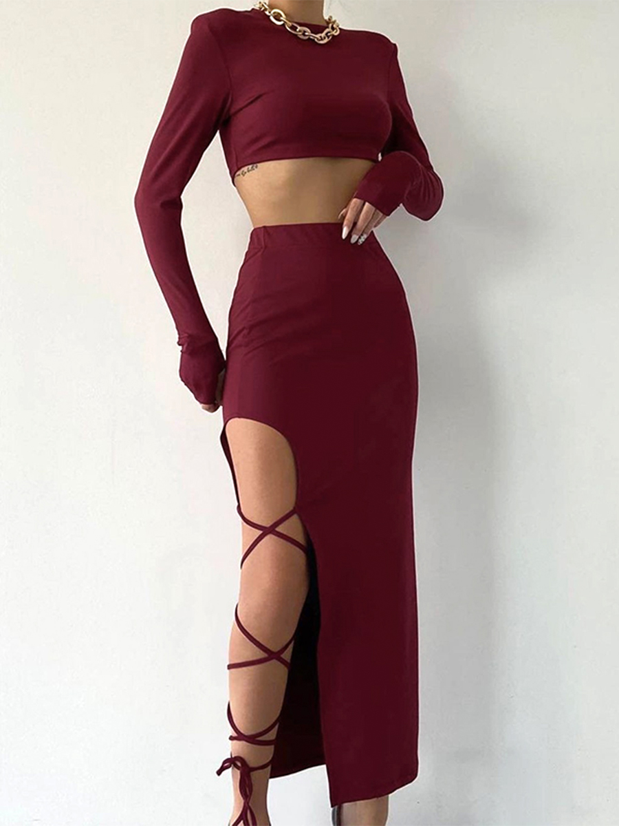 CUTENOVA – pull à manches longues, haut court Simple, taille élastique, col licou, fente haute, sans jambes, cravate Sexy, couleur unie, demi-jupe: S / Claret