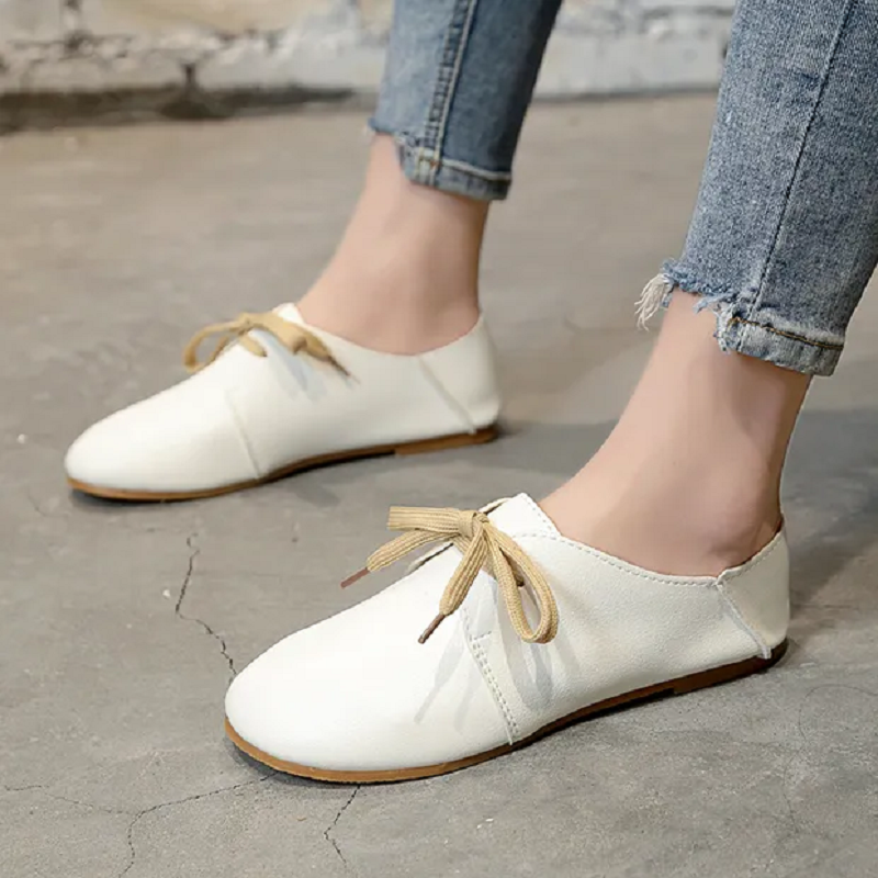 Scarpe stringate da donna carine leggere di alta qualità Zapatos De Mujer Lady Casual White Hotel Work & Office Flat Shoes A149: Beige / 40