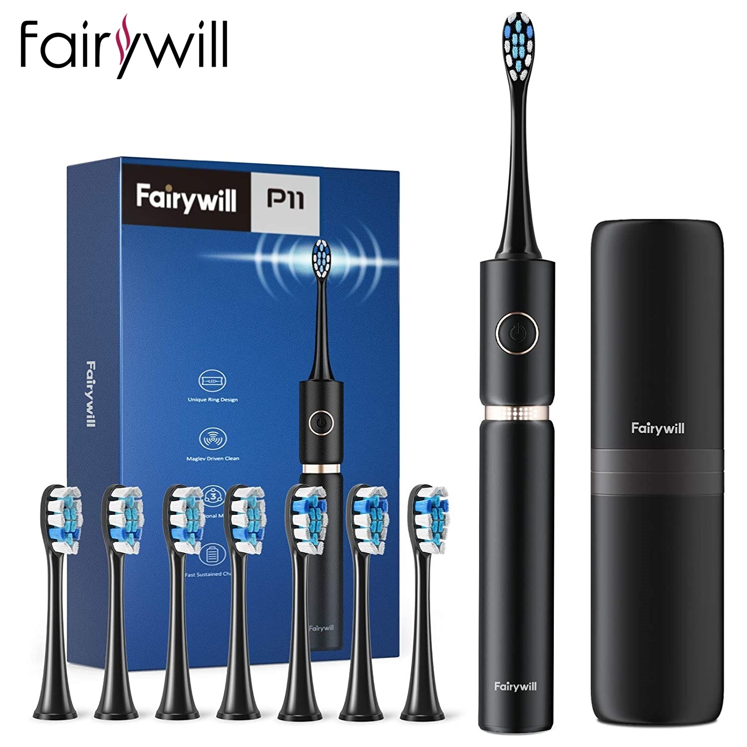 Fairywill P11 Sonic Whitening Electric Toothbrush Rechargeable USB Charger Ultra Powerful Waterproof 4 Heads and 1 Travel Case: P11Plus-8BH