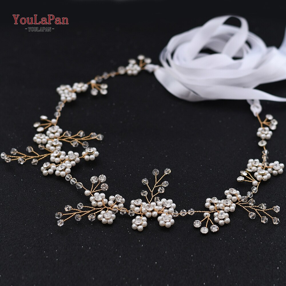 TOPQUEEN SH129 Goldene Hochzeit Kleider Gürtel Womens Perle Gürtel Kristall Braut Schärpe Hochzeit Gold Gürtel mit Perlen Dünne Braut Gürtel: Weiß Schleife