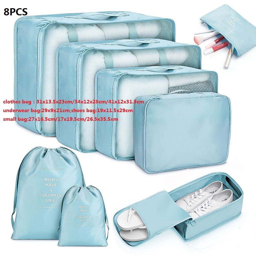 Conjunto de bolsas de almacenamiento para ropa de viaje, organizador ordenado, bolsa para maleta, embalaje de bolsas de cubos de hielo, 8 Uds.: blue