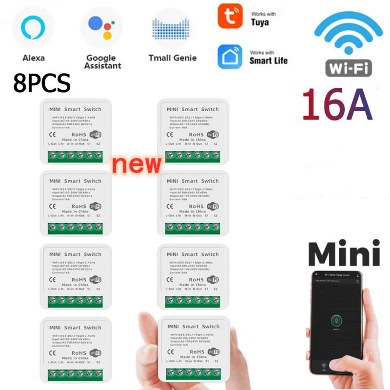 8Pcs 16A Mini Smart Wifi Diy Switch Ondersteunt 2 Way Control,Smart Home Automation Module, werkt Met Alexa Google Thuis Slimme Leven: 8PCS