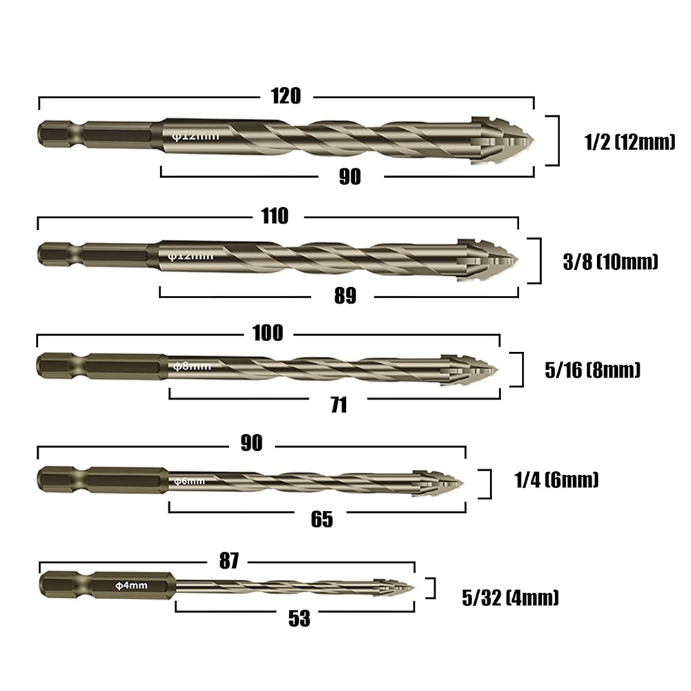 5pcs 4/6/8/10/12mm Eccentric Drill Bit 4 Edge Masonry Drill Bits Set For Wood Concrete Glass Brick Tiles