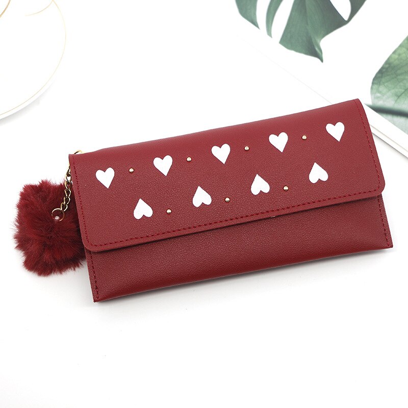 Wallet For Women Retro Rivet Hasp Long Ladies Wallet Card Purse PU Leather Wallet With Fur Ball Ornaments Phone Bag: Red-B