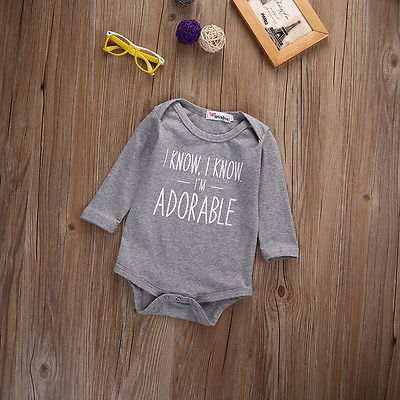 Autumn Infant Newborn Baby Girl Boy Letters Romper Cotton Gray Jumpsuit Long Sleeve Outfit Clothes