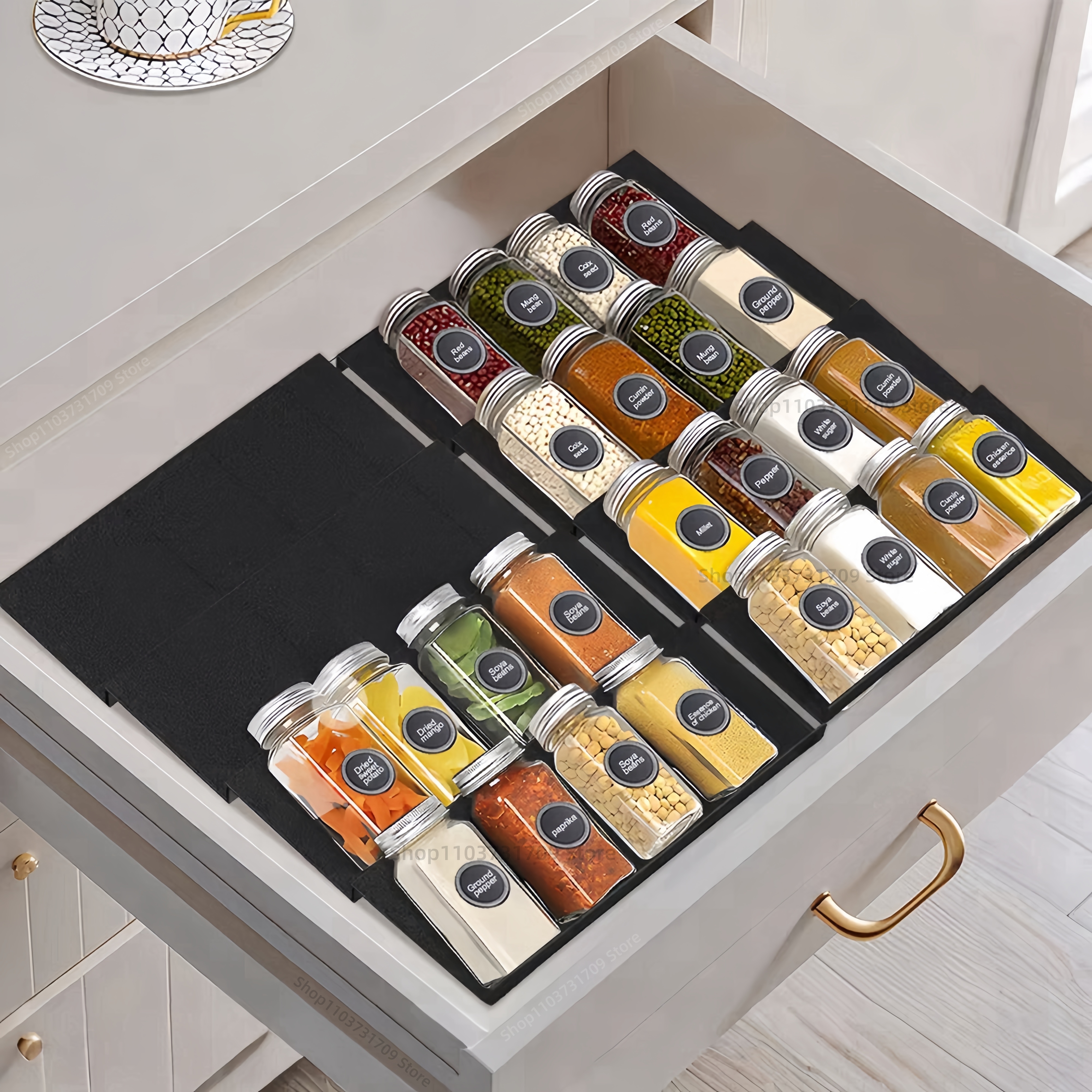Cajón estantes de especias para cocina, estante de especias ajustable de 4 capas para tarros de especias, estante para condimentos, armario, despensa, organizador de cocina