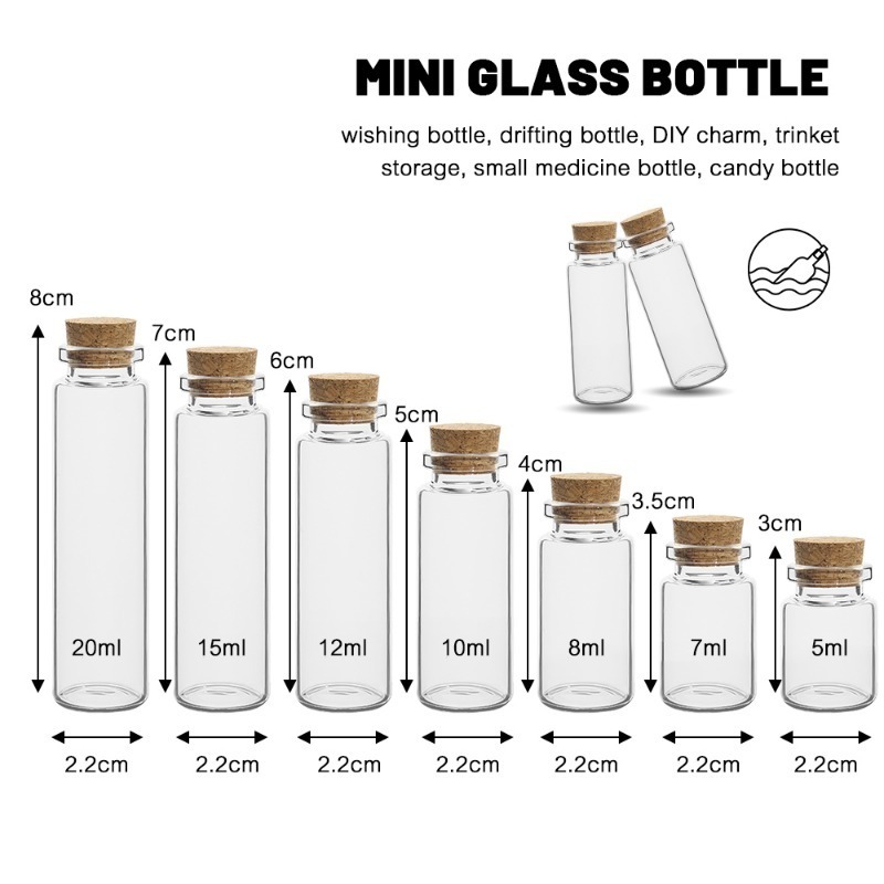 10 Uds Mini botellas de vidrio con tapones de corcho tarros de hechizo viales de poción botellas de mensaje de deseos para favores manualidades DIY 5ml-20ml