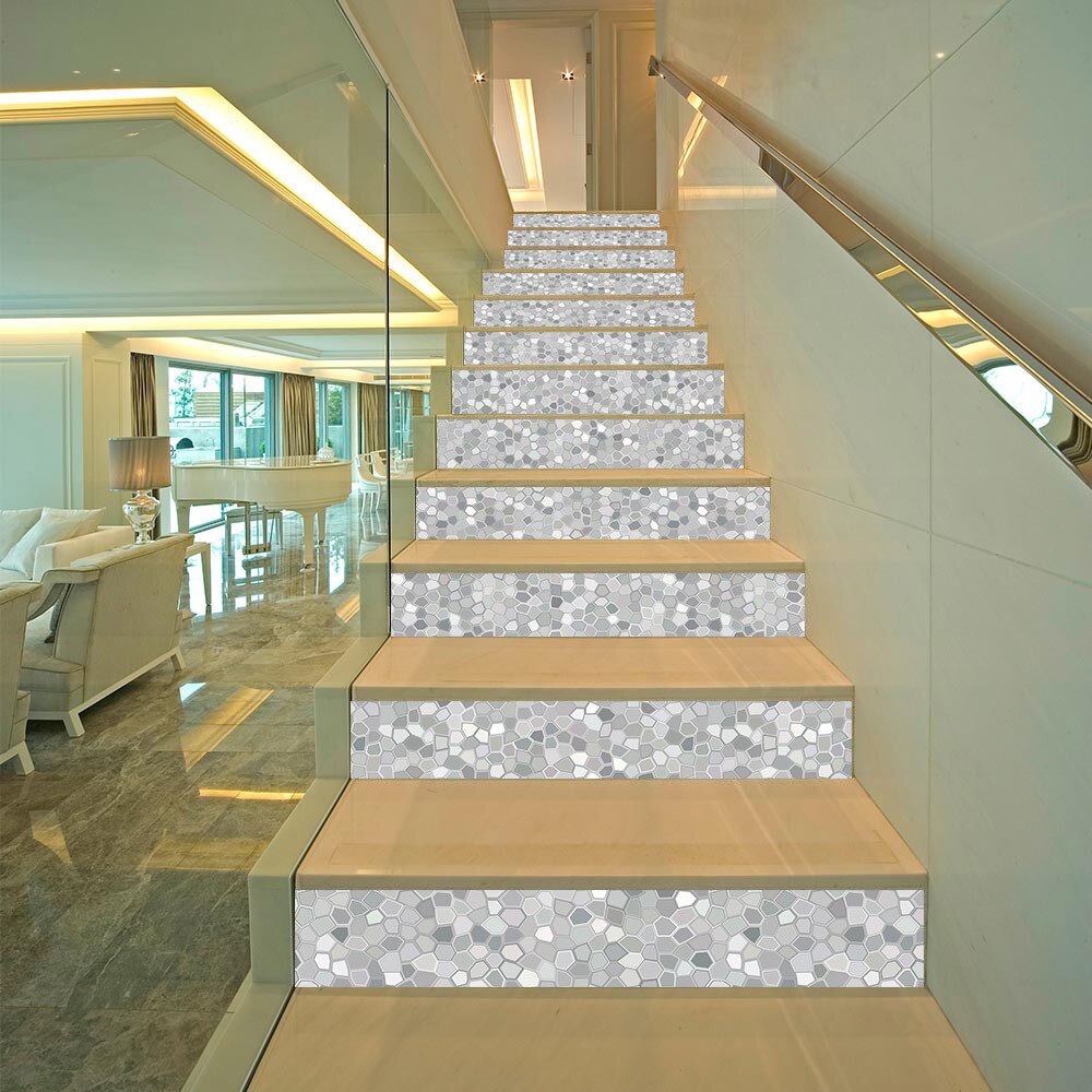 Juego de 13 unidades de pegatinas para escaleras de mosaico de Pvc blanco y gris, decoración para el hogar Diy, adhesivos creativos para azulejo de pared impermeable, pegatinas para escalones