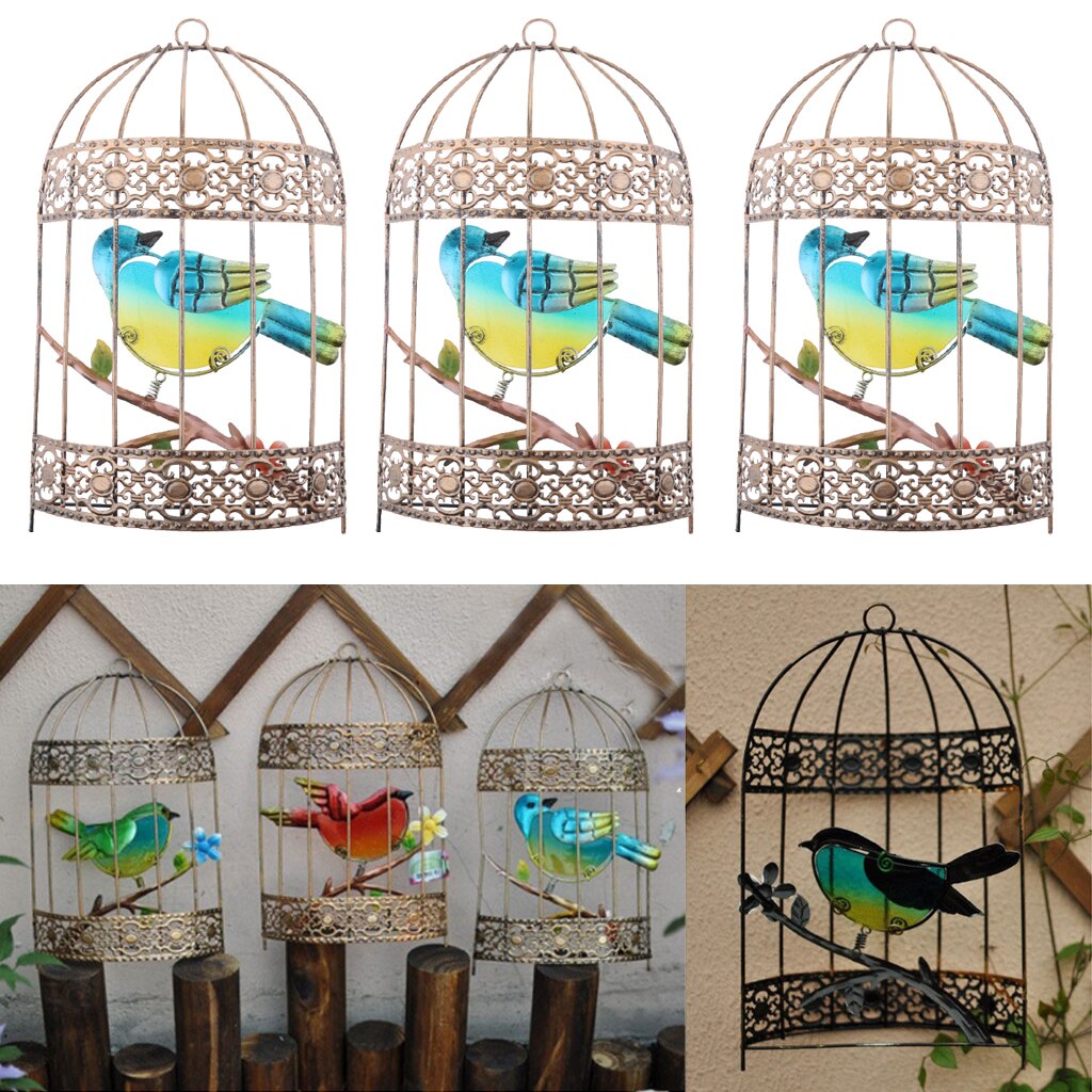 3pcs Garden Sculpture Wall Art Hanging Ornaments Metal Art Bird Cage Home Decor