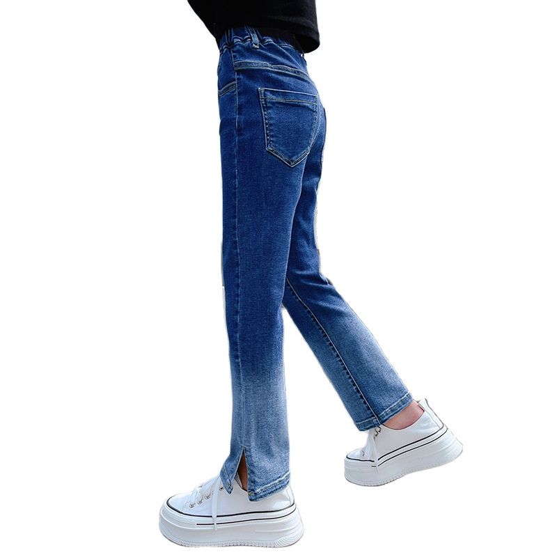 Pantalones vaqueros rectos para adolescentes, Jeans informales de cintura elástica, Color contrastante, azul, 10